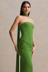 Strapless Choker Neck Gathered Waist Maxi Dress