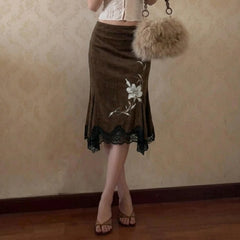 Back view of Floral Embroidery Mermaid Midi Skirt