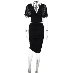 Draped Sleeve Crop Top and Ruched Midi Skirt Set