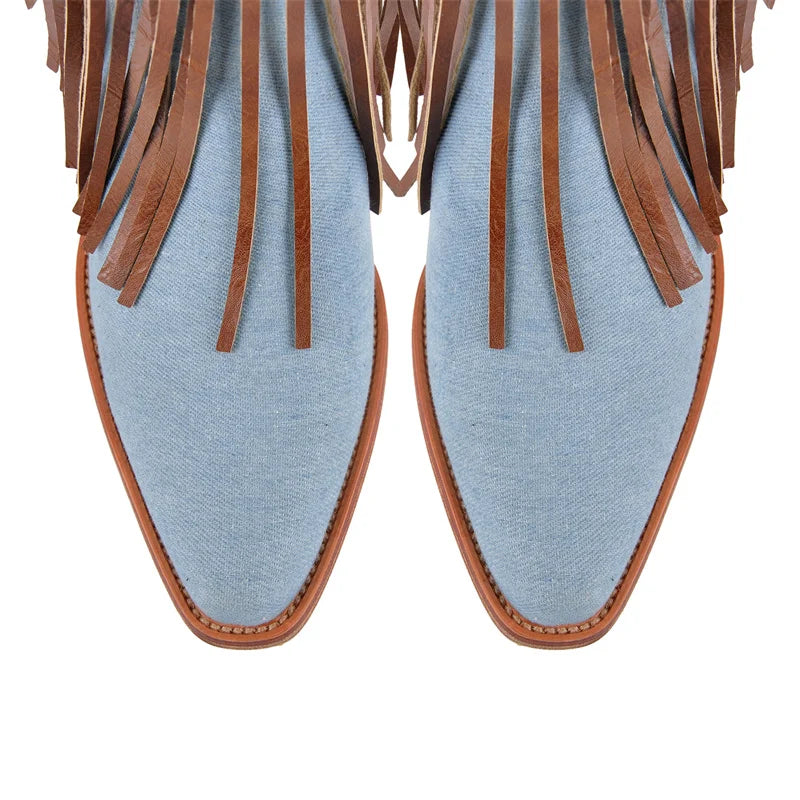 Top view of denim fringe chunky heel boots