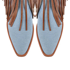 Top view of denim fringe chunky heel boots