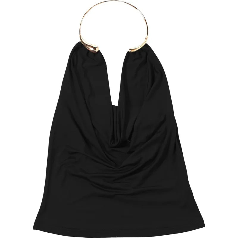 Black halter top with a gold ring on a white background