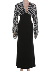 Zebra Print V-Neck Black Long Sleeve Maxi Dress