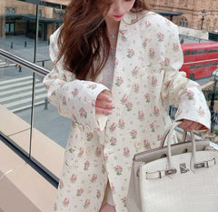 Pink Floral Notched Blazer Shoulder Pad Single Breasted Coat