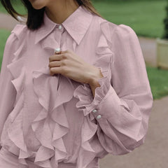 Pink Ruffled Tiered Collared Long Sleeve Mini Dress