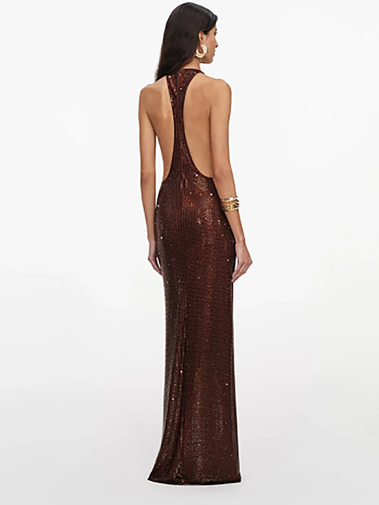 Halter neck sequin maxi dress back view