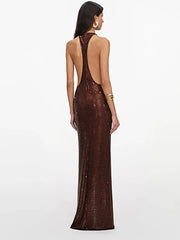 Halter neck sequin maxi dress back view