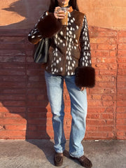 Leopard print fur trim jacket with jeans