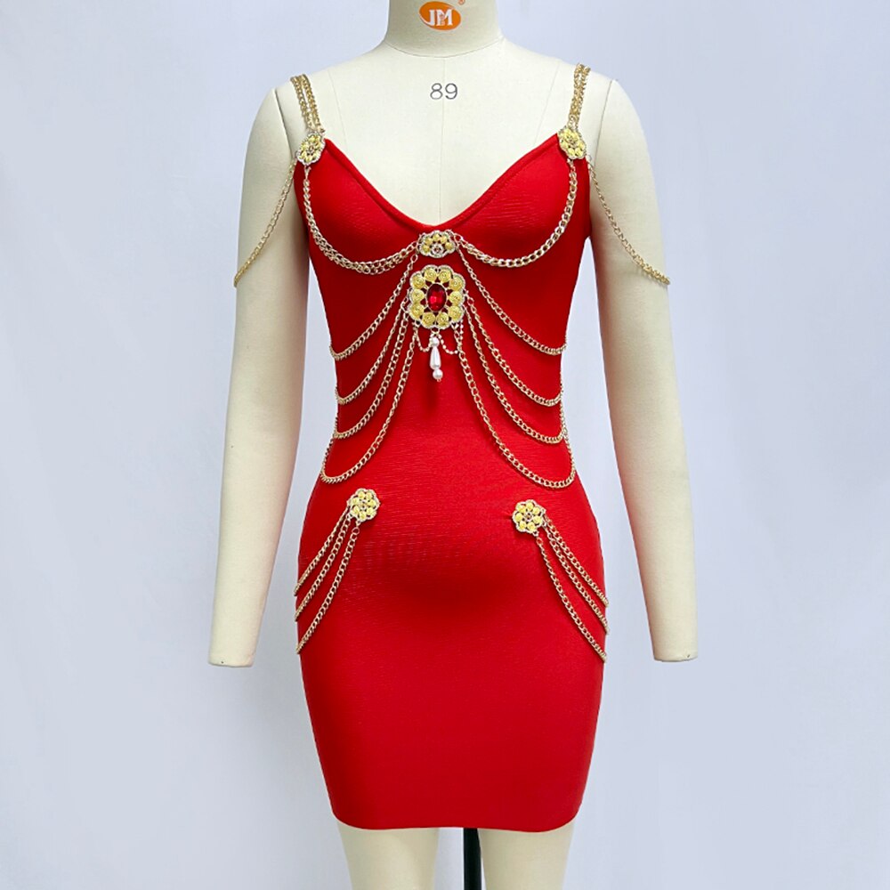 Women's Designer Pearl Chain Diamond V-Neck Mini Dress