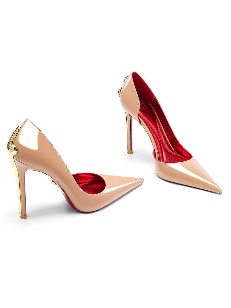 Beige high-heeled shoes with red interior on a white background