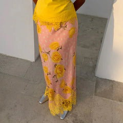 Floral Polka Dot Lace Trim Maxi Skirt