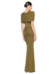 Draped O-Neck Metal Pin Ruched Waist Maxi Dress