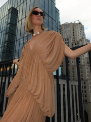 Brown Draped Layered Deep Neck Maxi Dress