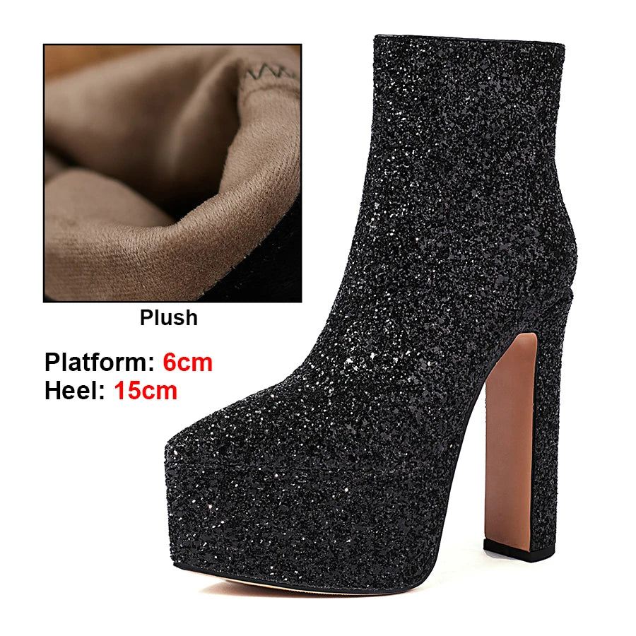 Black glitter high-heeled boot with plush lining, platform, and heel measurements.