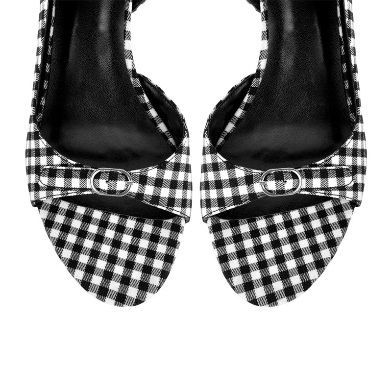 Top view of gingham slingback stiletto heels
