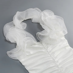 White Ruffled Neck Halter Ruched Mini Dress
