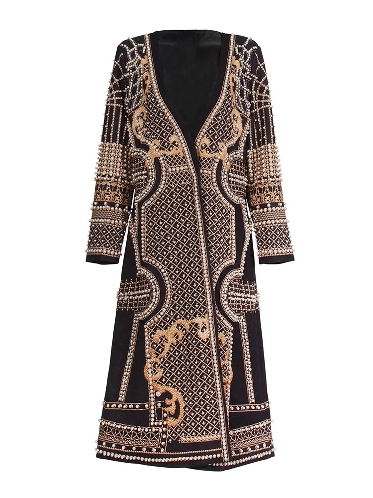 Embellished geometric print coat front view