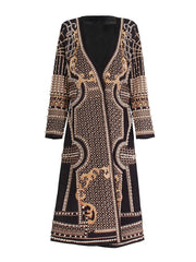 Embellished geometric print coat front view