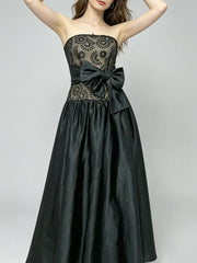 Strapless Lace Bodice Full Skirt Bow Accent Gown