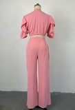 Solid Color V-Neck Flared Sleeve Tie Up Top and Pants Suit
