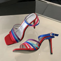 Red multi-strap stiletto heel sandal with ankle strap