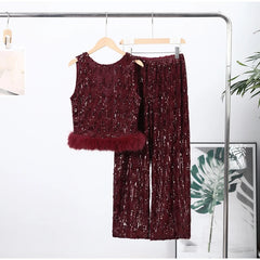 Sequin Embellished Fur Trimmed Sleeveless Top Wide Leg Pant Set