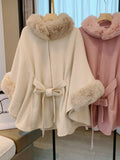 Poncho Style Fur Collar Belted Woolen Coat