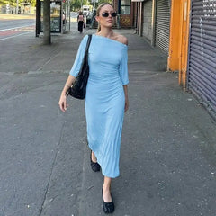 Diagonal Collar Ruched Bodycon Maxi Dress with Metallic Stud Detail
