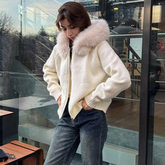Hooded Faux Fur Trim Knit Jacket