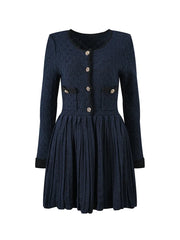 Navy blue dress with buttons on a white background