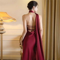 Scarf Collar Backless Solid Long Dress