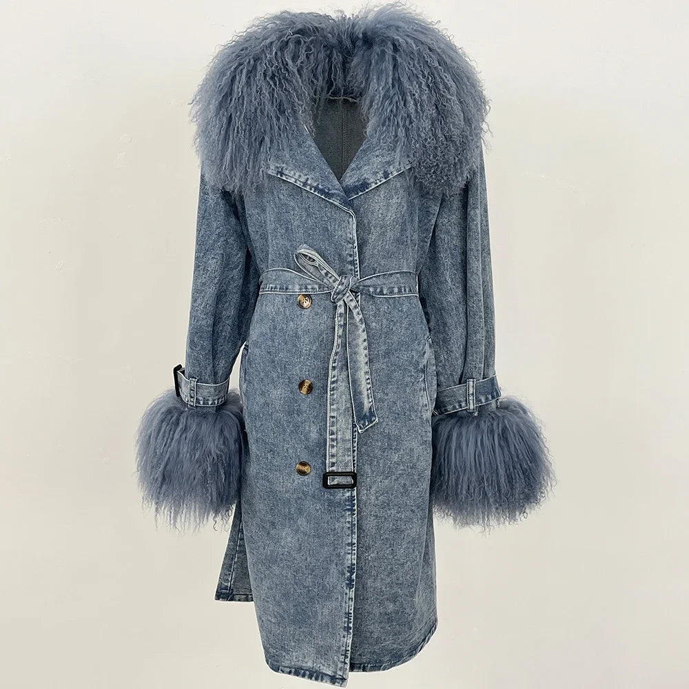 Denim coat with fur-trimmed hood and cuffs on a beige background