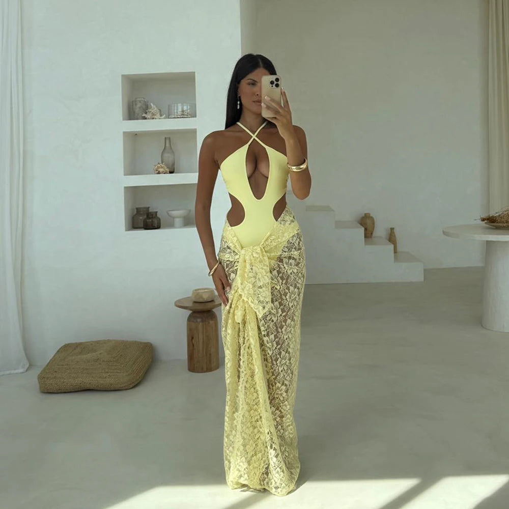 Yellow lace sarong and cut-out bodysuit bathing suit set