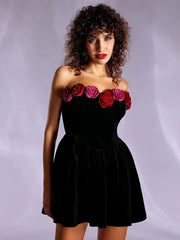 Strapless Flower Black Velvet A-Line Mini Dress