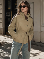 Faux Leather Patchwork Collar Belt Waist Cinched Jacket