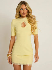 Mock Neck Lace Hollow Out Trim Mini Dress