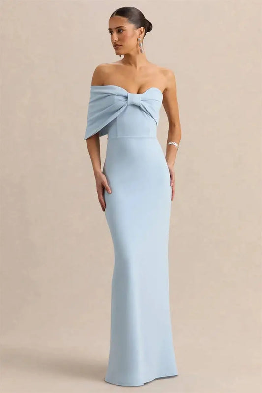 Light blue off-shoulder bow maxi dress