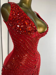 Deep Neck Embellished Mesh Sheath Mini Dress