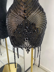 Deep Neck Embellished Mesh Sheath Mini Dress