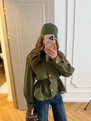 Utility Stand Collar Button Drawstring Peplum Jacket