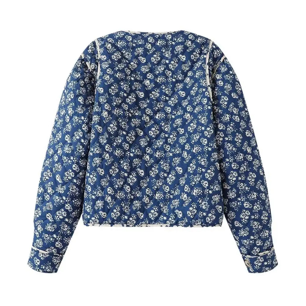 Floral quilted collarless jacket back view