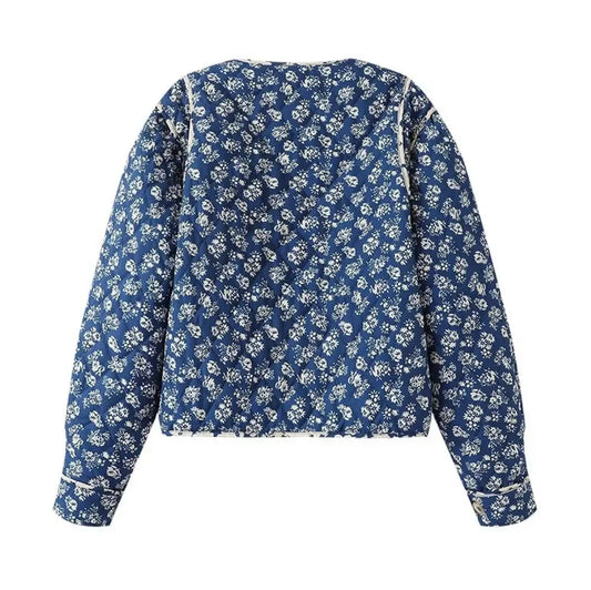 Floral quilted collarless jacket back view