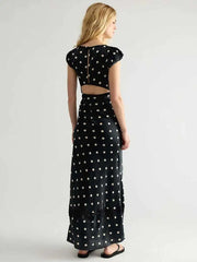 Polka dot cap sleeve maxi dress with lace trim - back view