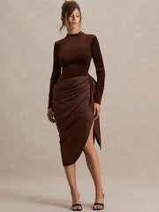 elegant brown draped dress with high neckline
