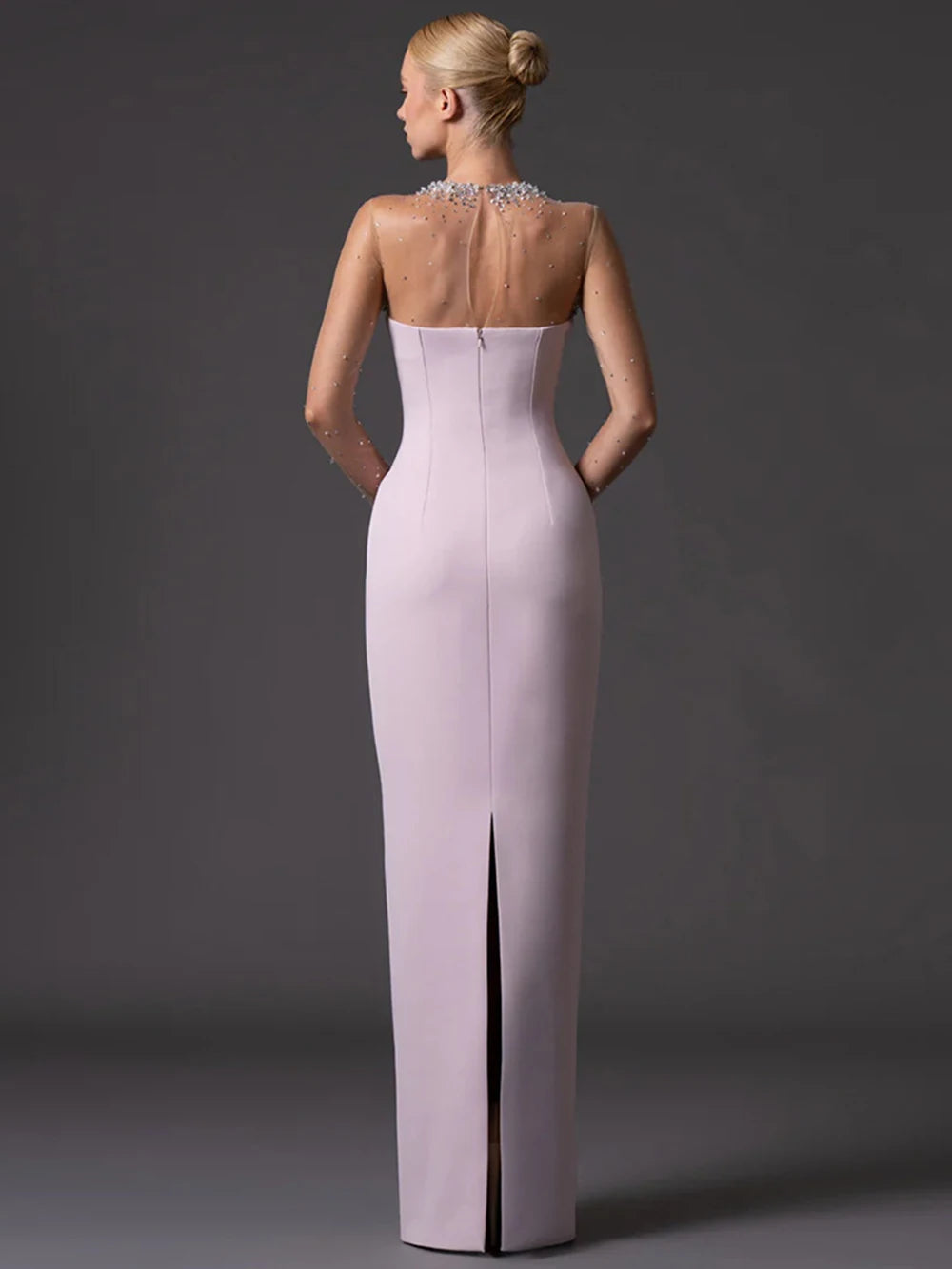 Beaded mesh illusion neckline column gown, back view