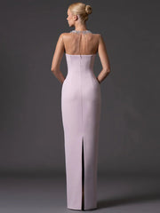 Beaded mesh illusion neckline column gown, back view