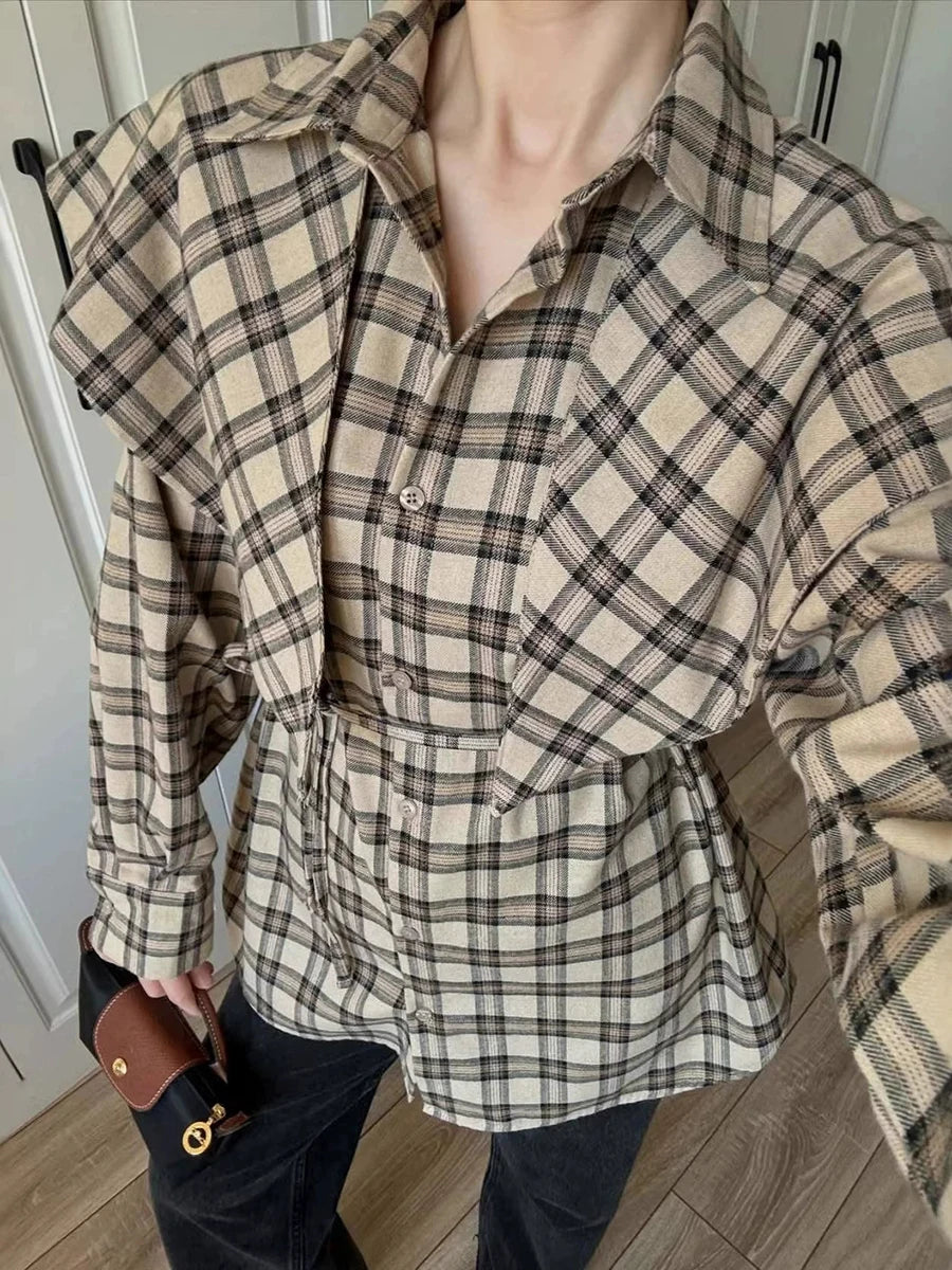 Plaid lapel collar belted shirt