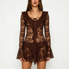Brown lace ruffle tie-up mini dress