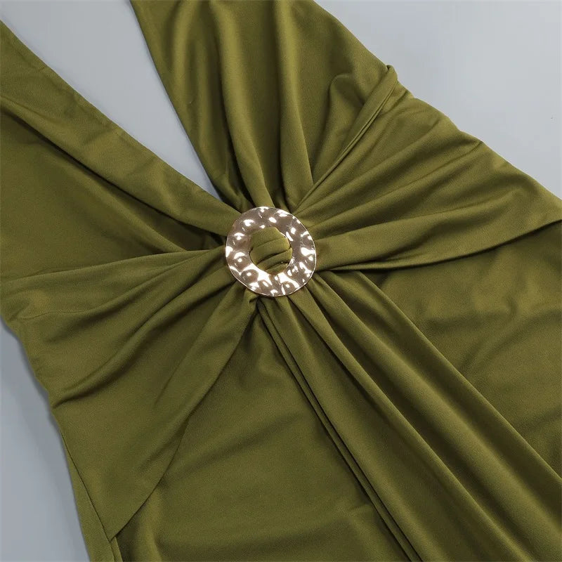 Halter draped gown waist embellishment detail