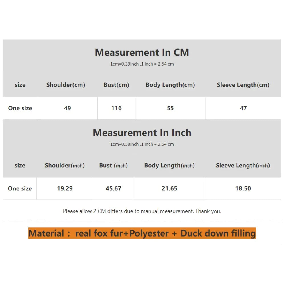 Measurement chart for a garment with sizes in centimeters and inches, including material details.